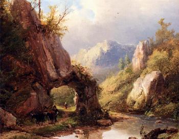約翰 伯納德 格隆貝尅 A Mountain Valley With A Peasant And Cattle Passing Along A Stream
